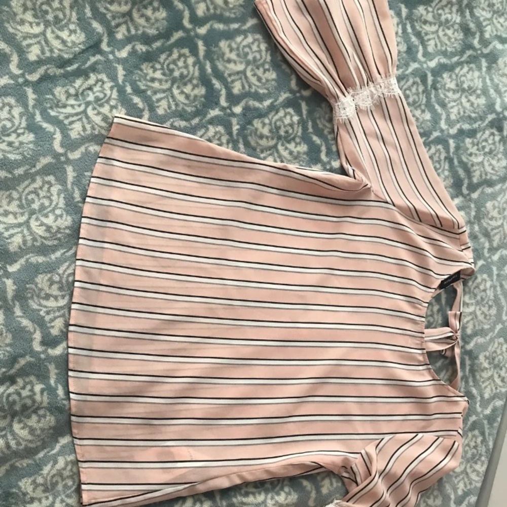 pink striped bell sleeve blouse